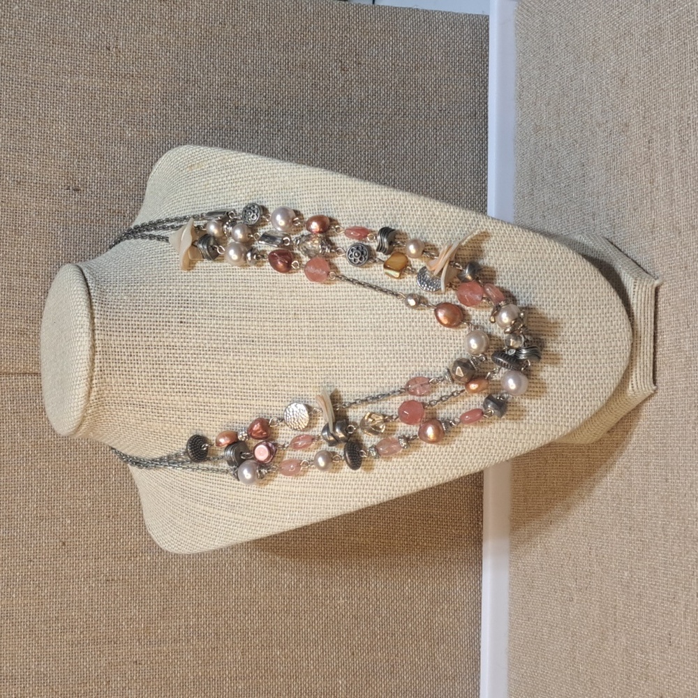 Vintage Pink Statement Necklace - Fresh Water Pearl Chunky Retro Multistrand